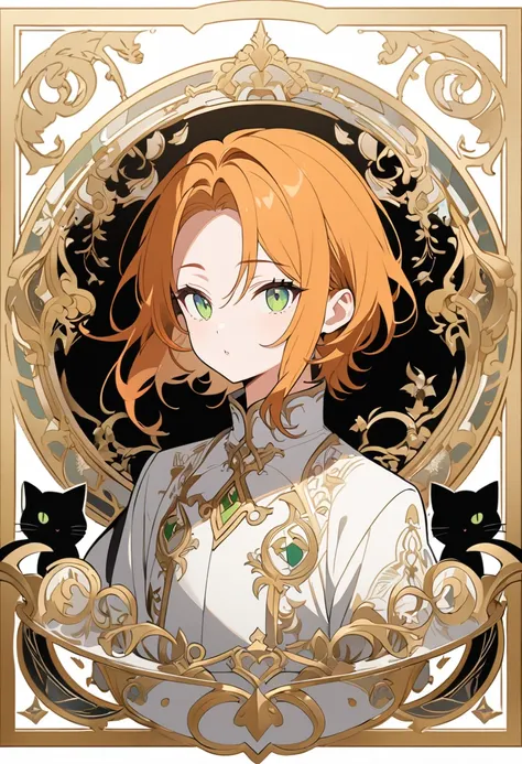 Masterpiece, ultra-detailed, Anime boy, pouty lips, long layered orange hair, light green eyes, white clothes, white prince outfit, one black cat in circle, simple yet elegant design, white background with gold border, vectorised and silhouetted, full-HD a...