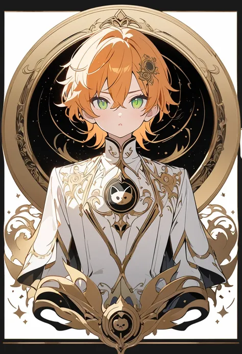 Masterpiece, ultra-detailed, Anime boy, pouty lips, long layered orange hair, light green eyes, white clothes, white prince outfit, one black cat in circle, simple yet elegant design, white background with gold border, vectorised and silhouetted, full-HD a...