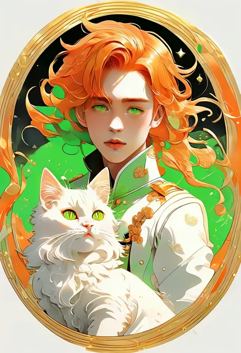 Masterpiece, ultra-detailed, Anime boy, pouty lips, long layered orange hair, light green eyes, white clothes, white prince outfit, one black cat in circle, simple yet elegant design, white background with gold border, vectorised and silhouetted, full-HD a...