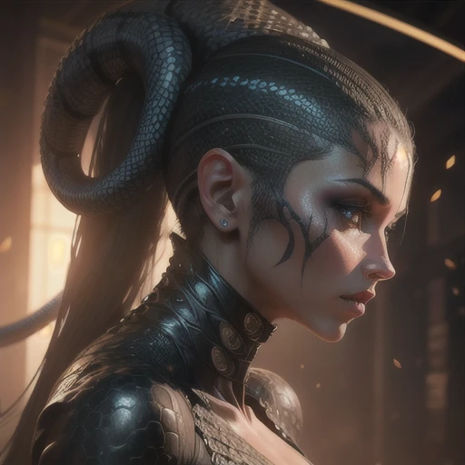 Close-up of a woman in a bodysuit with a snake on her back, snake woman hybrid, snake human hybrid, hot reptilian humanoid woman, Ultra-realistic concept art, realistic fantasy rendering, Realistic painting work, 8k ultra-realistic creatures, highly detail...