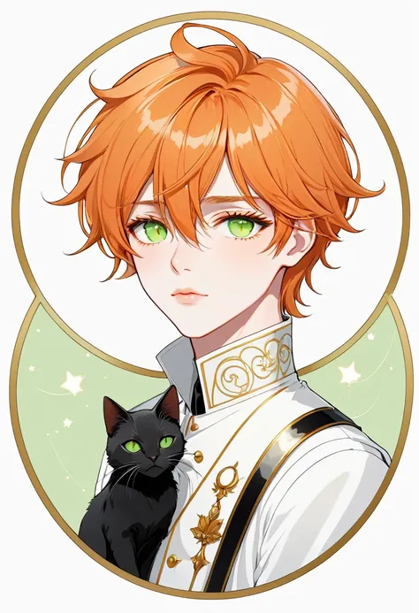 Masterpiece, ultra-detailed, Anime boy, pouty lips, long layered orange hair, light green eyes, white clothes, white prince outfit, one black cat in circle, simple yet elegant design, white background with gold border, vectorised and silhouetted, full-HD a...