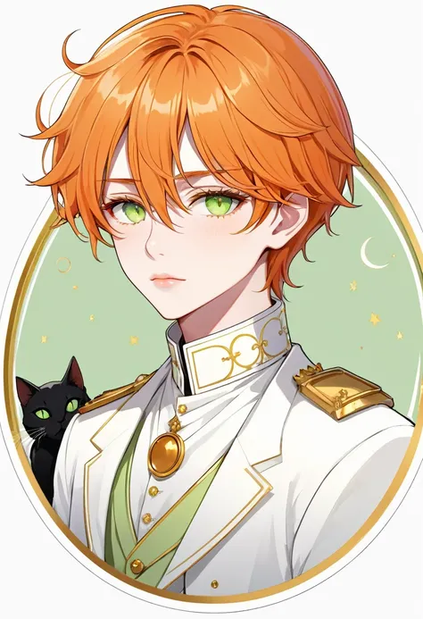 Masterpiece, ultra-detailed, Anime boy, pouty lips, long layered orange hair, light green eyes, white clothes, white prince outfit, one black cat in circle, simple yet elegant design, white background with gold border, vectorised and silhouetted, full-HD a...