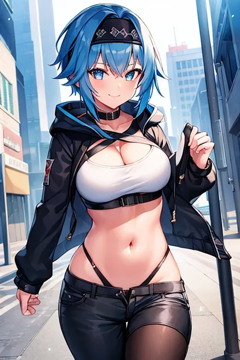 1girl, hood, jacket, hooded jacket, eula /(genshin impact/), black headband, headband, blue hair, large breasts, black jacket, white shirt, shirt, very short hair, pants, black pants, smile, urban, street,