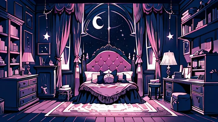 background、highest quality、detailed、gothic atmosphere、room illustration、、illustration in black and pink tones、spacious room、nigh...