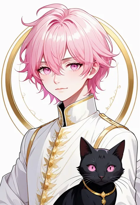 Masterpiece, ultra-detailed, Anime boy, smirk, long layered pink hair, light white eyes:1.3 , white clothes, white prince outfit, one black cat in circle, simple yet elegant design, white background with gold border, vectorised and silhouetted, full-HD and...