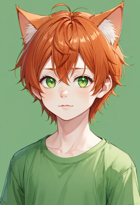 bust_portrait, catboy, cat ears, red hair, green eyes, fang, simple orange shirt, pale skin, cute adorable, little boy, , shota, toddler, cute, innocent,