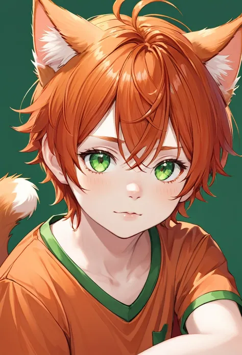 bust_portrait, catboy, cat ears, red hair, green eyes, fang, simple orange shirt, pale skin, cute adorable, little boy, , shota, toddler, cute, innocent,