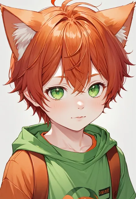 bust_portrait, catboy, cat ears, red hair, green eyes, fang, simple orange shirt, pale skin, cute adorable, little boy, , shota, toddler, cute, innocent,