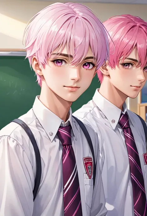 (muste piece), (best quality), very detailed, (((Two friendly high school boys:1.5))), perfect face, beautiful face, very detailed face，(white haired man:1.3)，(pink haired man:1.3)，School，classroom，student uniform，white uniform, tie，shirt