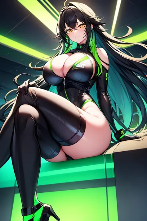 1girl, large breasts, thick thighs, yellow eyes, wide hips, (black hair), colored inner hair, (colored inner hair), green hair, smile, long hair, black bodysuit, bodysuit, race queen, bare legs, shoes, green trim, science-fiction, futuristic, neon, tech, n...