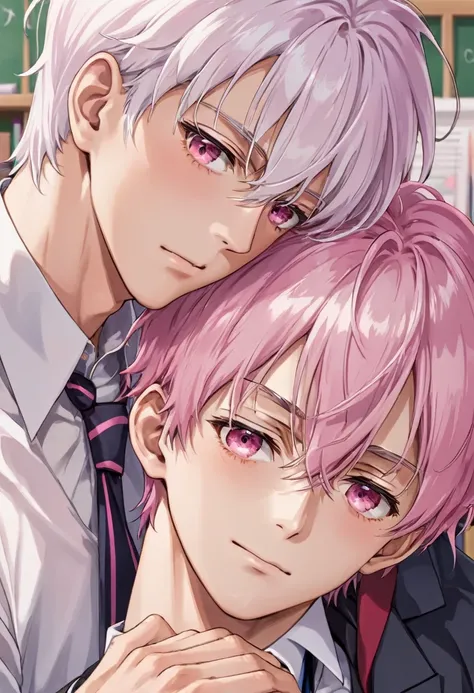 (muste piece), (best quality), very detailed, (((Two friendly high school boys:1.5))), perfect face, beautiful face, very detailed face，(white haired man:1.3)，(pink haired man:1.3)，School，classroom，student uniform，white uniform, tie，shirt, special A class ...