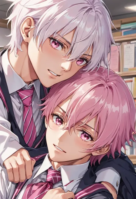 (muste piece), (best quality), very detailed, (((Two friendly high school boys:1.5))), perfect face, beautiful face, very detailed face，(white haired man:1.3)，(pink haired man:1.3)，School，classroom，student uniform，white uniform, tie，shirt, special A class ...