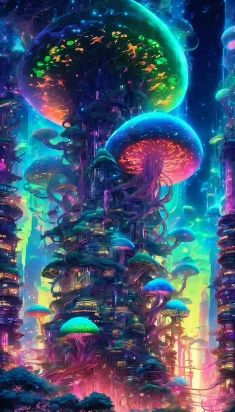 A towering, biomechanical fusion of plant and machine dominates an alien cityscape, immense tendrils of vivid bioluminescent flora intertwining with pulsing conduits and energy arteries, the living architecture undulating with a radiant, cellular heartbeat...