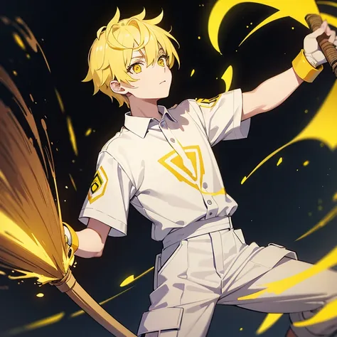 an pale-white male being with yellow glowing eyes. he has short yellow hair, he wears an yellow janitor clothing. holding an bro...