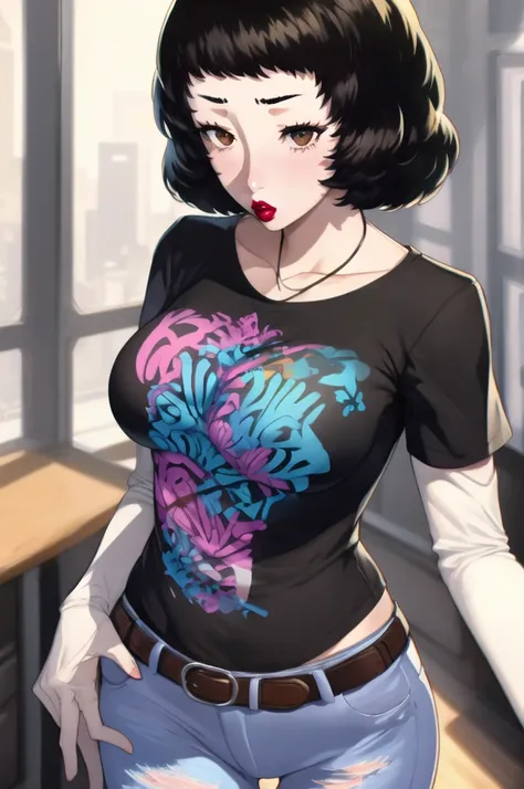 sadayokawakami, 1girl, solo, standing, black t-shirt, white shirt, blue jeans, belt, lipstick, large breasts