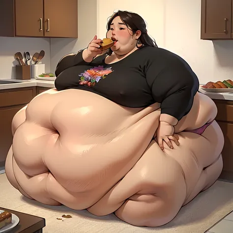 (masterpiece, best quality, highres, detailed, realistic:1.2), asian babe, USSBBW, (morbidly obese:1.3), (fatblob:1.3), immobile, detailed face, beautiful face, high aesthetic, eating junk food, panties, kitchen