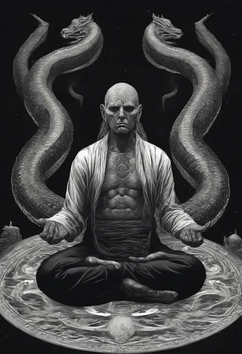 Man meditating in lotus position。A gigantic cosmic being in the form of a giant serpent emerges from his third eye.。