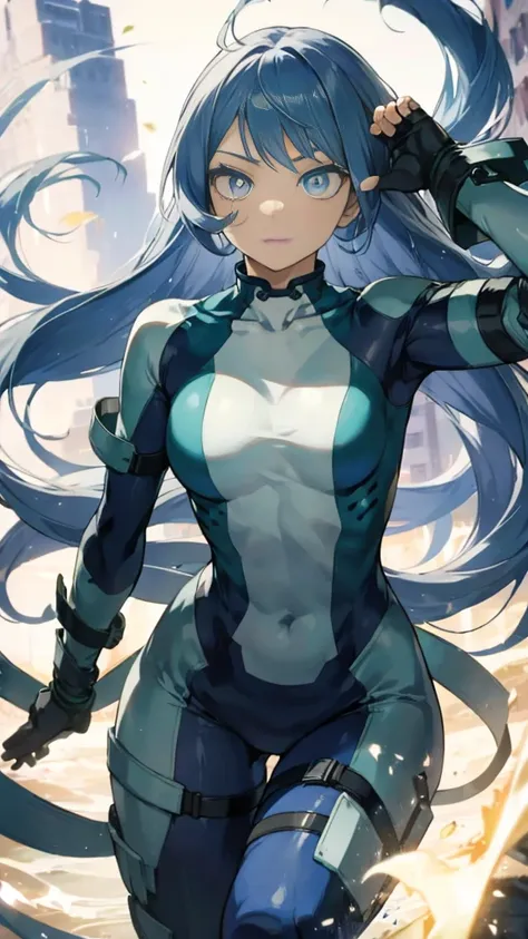 nejirehadu, nejire wave, blue eyes, blue hair, long hair,
壊す blue body suit, body suit, drill hair, gloves, green body suit, mul...