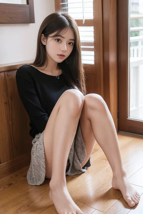 young girls，short skirt，legs apart，sitting，no pants