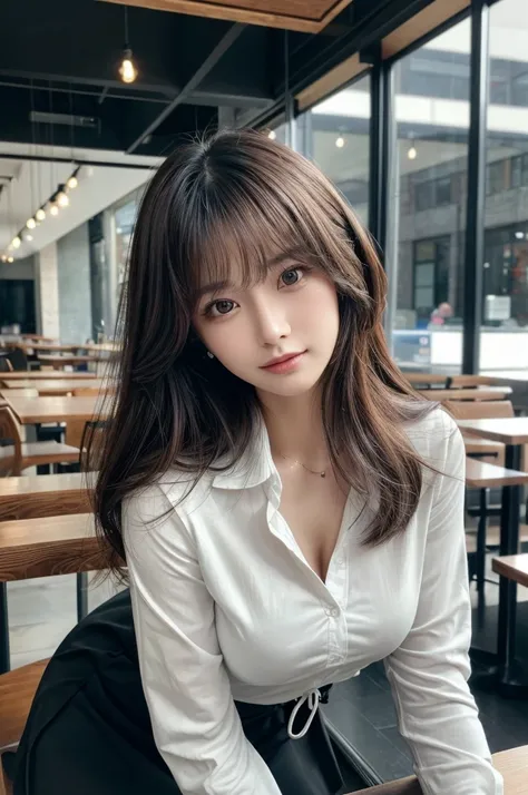 table top, highest quality, realistic, Super detailed, finely, High resolution, 8k wallpaper, 1 beautiful woman, A big chest that looks comfortable to sleep on、In casual business attire, at the cafe, messy hair, perfect dynamic composition, finelyて美しい目、(((...