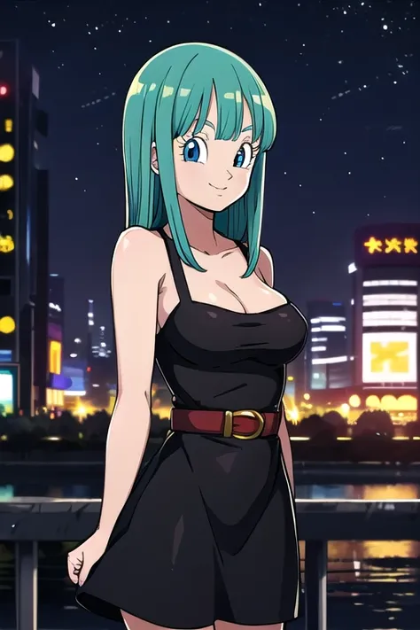 bulla, long hair, straight hair, aqua hair, blue eyes. 
1girl, solo, medium breasts, black dress, city, night,  smile, 
 