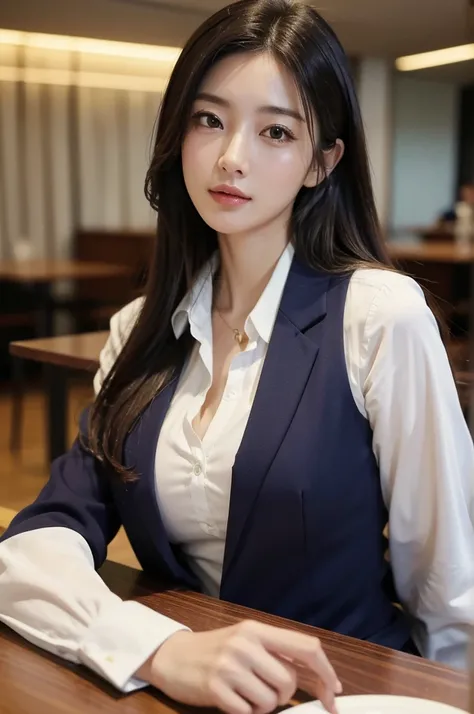 table top, highest quality, realistic, Super detailed, finely, High resolution, 8k wallpaper, 1 beautiful woman, A big chest that looks comfortable to sleep on、In casual business attire, at the cafe, messy hair, perfect dynamic composition, finelyて美しい目、(((...