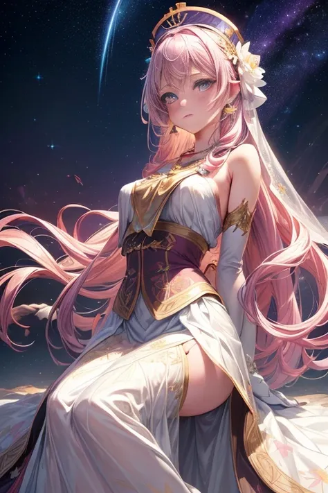 Colorful star trails floating white feathers),purple,(((((masterpiece))))),(((((high resolution))))),alone,(hair open),((flowing hair)),pink hair,blue_Eye,Everlasting,Busty beauty details skirt, flower patterns on clothes,White dres wearing gloves,ribbon,h...