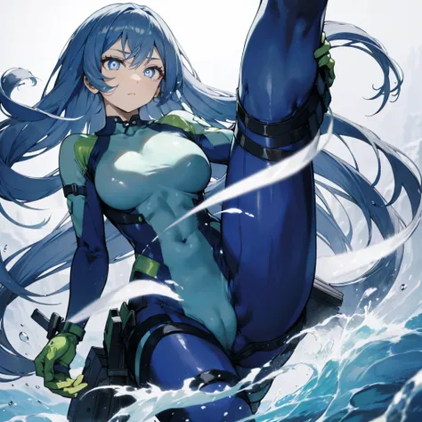 Nejirehadu, Nejire Wave, blue eyes, blue hair, long hair,
壊す blue body suit, body suit, drill hair, gloves, green body suit, multicolored body suit, colorful clothes, yellow gloves,
((壊す full body)),squat，spread your legs，arms up behind，
break white backgr...