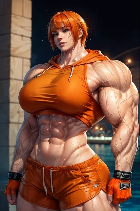 ((((Massive tall, beautiful, buff, wet, pale white skinned muscular woman with wet orange hair, ginormous muscles, flexing biceps and wearing a orange cropped hoodie orange dolphin shorts)))), close view, massive muscle, massive biceps, hyper muscle should...