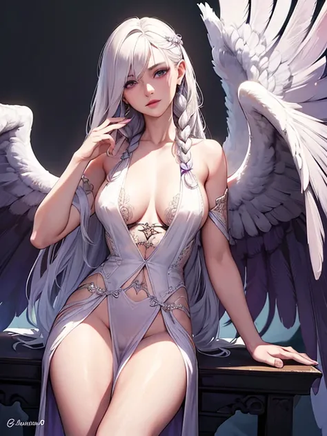 (best quality,ultra-detailed,realistic:1.37),portrait,detailed bird-like wings,detailed bird-like legs,long white hair,beautiful purple eyes,detailed lips,mysterious atmosphere,dark clothing, braid a hair, roupa ladino, manto cobrindo ela, sexy, sex, fucki...