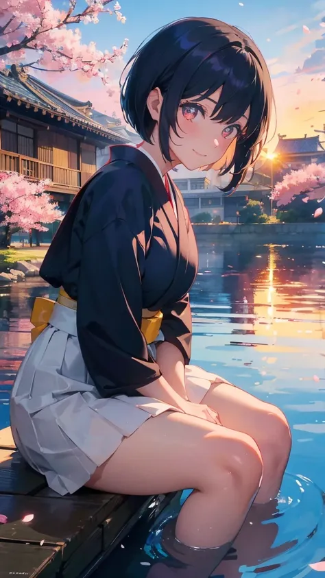 1 anime girl, Schoolgirls in the Meiji Period,Hakama with crest,alone,Black petals flutter, A mysteriously shining butterfly.city,Black vibrant hair,bright black jewel eyes,short bob,thin legs,very clear,highest quality,smile,,cherry blossomsの花びらに触れる,cherr...