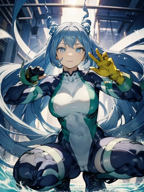 Nejirehadu, Nejire Wave, blue eyes, blue hair, long hair,
壊す blue body suit, body suit, drill hair, gloves, green body suit, multicolored body suit, colorful clothes, yellow gloves,
((壊す full body)),squat，spread your legs，arms up behind，
break white backgr...