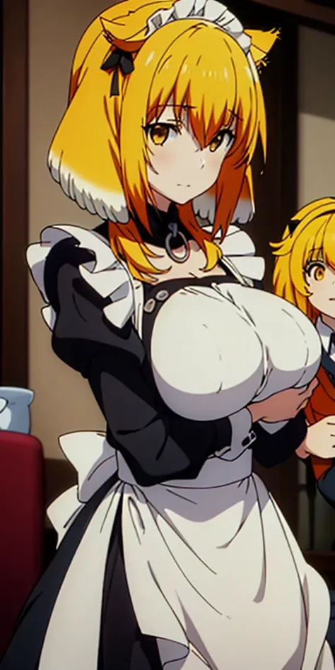 best quality, high_resolution, distinct_image,1 cat girl with cat ears,covered big breast, short yellow hair, yellow eye, maid dress