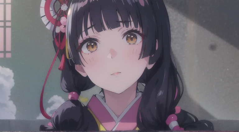 anime girl with black hair and yellow eyes in a kimono, another close up of iwakura, hanayamata, anime best girl, close up of yo...