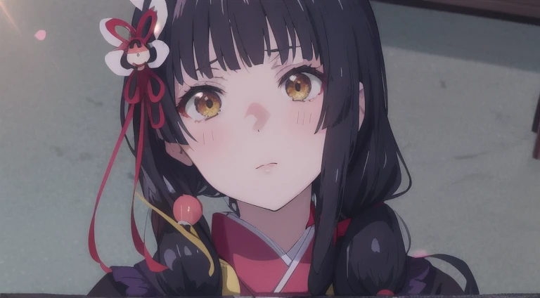 anime girl with black hair and yellow eyes in a kimono, another close up of iwakura, hanayamata, anime best girl, close up of yo...