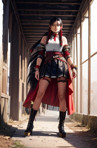 illusion of a indigenous girl in 100 years later, with a red black harness on top, long dread hair with feathers, high heels boots, accessories on her arm