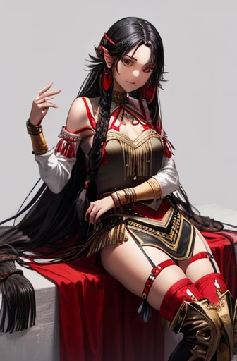 illusion of a indigenous girl in 100 years later, with a red black harness on top, long dread hair with feathers, high heels boots, accessories on her arm