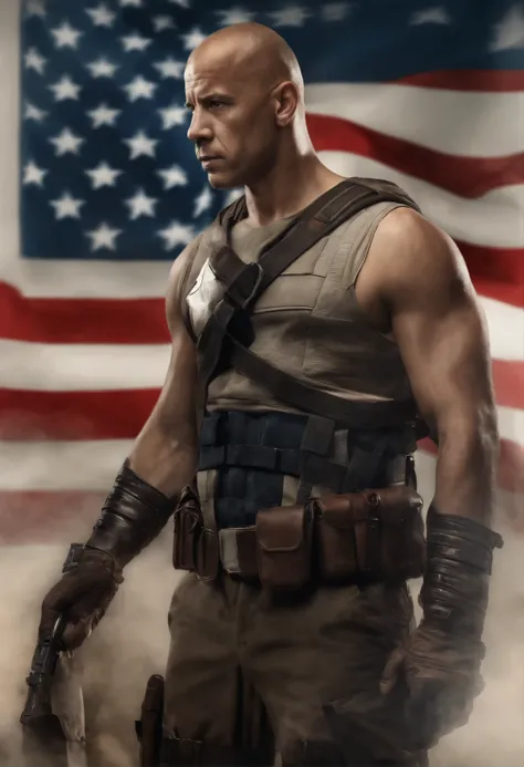 . Vin Diesel in Tarantino style as Captain America 8k, High Definition, cara detallada, cara detallada, ojos detallados, traje detallado, al estilo de marvel y dc, Hyper realistic, + cinematic shot + dynamic composition, incredibly detailed, Afilar, Detall...