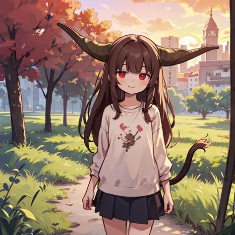  there is a drawn image of a girl standing in a park, 1girl, female focus, red eyes, alone, sunset, Brown hair, long hair, smile, outdoors, looking at viewer, normal clothes, Rajang tail, Rajang horns