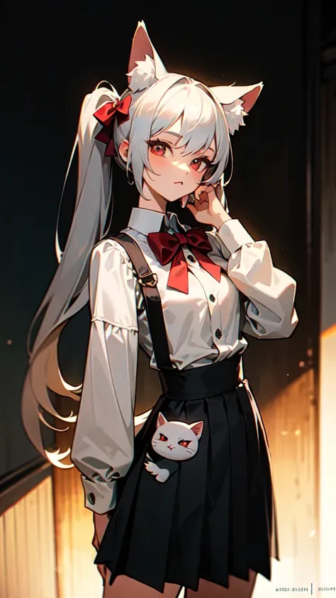 A neko woman with grey hair in a virtual YouTuber style is the centerpiece of this artwork. Her hairstyle features long hair with twintails and bangs, with a section of hair falling between her eyes. She has adorable animal ears, specifically fox ears, whi...