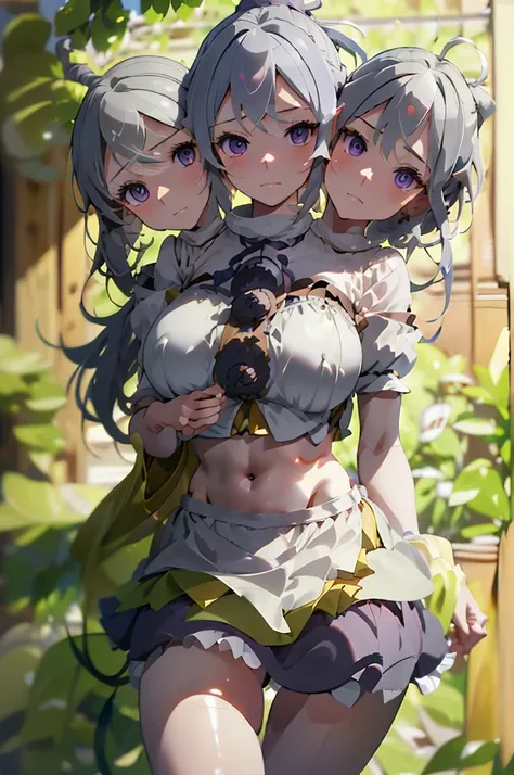 (masterpiece, best quality), best resolution, (ultra-detailed), (3heads:1.5), 1girl, (monobe no futo:1.3), masterpiece, best quality, ultra quality, ultra resolution, ultra detail, white top, crop top, ((stomach)), midriff, ((groin)), white-purple skirt, n...