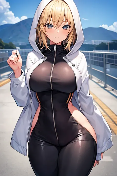 1girl, hood, jacket, hooded jacket, hood on, hood up, blonde hair, large breasts, breasts, wide hips, thick thighs, hourglass figure, white jacket, black shirt, shirt, very short hair, pants, black pants, smile, toned, toned female, urban, mature female, t...