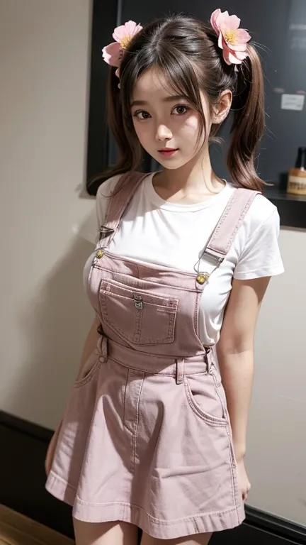 dungarees skirt pink pattern thin flower pattern , big breast , twin tails hair