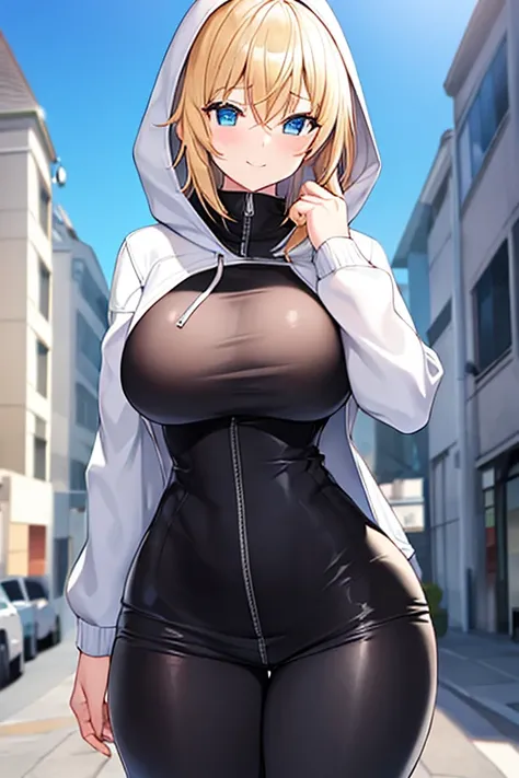 1girl, hood, jacket, hooded jacket, hood on, hood up, blonde hair, large breasts, breasts, wide hips, thick thighs, hourglass figure, white jacket, black shirt, shirt, very short hair, pants, black pants, smile, toned, toned female, urban, mature female, t...