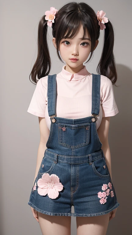 dungarees skirt pink pattern thin flower pattern , big breast , twin tails hair