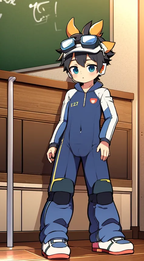 2D boy Shota，One-piece ski suit，Put the headphones on your head，standing，goggles，horns，cow ears，sports shoes，classroom，