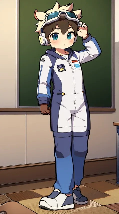 2D boy Shota，Siamese spacesuit，Put the headphones on your head，standing，goggles，horns，cow ears，sports shoes，classroom，