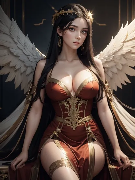 (best quality,8k:1.2,high resolution:1.2),ultra-detalhado,Realistic,vintage godess female,long black straight hair,rosto extremamente detalhado,long eyelashes,big white angel wings,soft dark red dress with gold details,cleavage,suntan pantyhose,metalic acc...