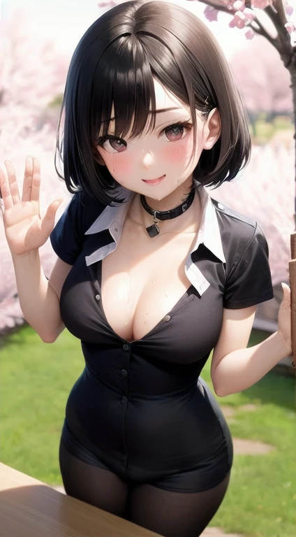 1 girl,  blush, cosmetics, Uniforms, whole body, wide angle, from above, garden,light, glow, thigh , clavicle, Willow Yao, (on the table), wallpaper,wet、Micro underwear that can be seen through clothes、short black hair，Smile，greet，Waving，hairpin，low collar...