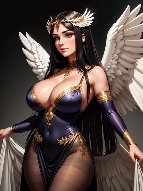 (best quality,8k:1.2,high resolution:1.2),ultra-detalhado,Realistic,vintage godess female,long black straight hair,rosto extremamente detalhado,long eyelashes,big white angel wings,soft purple dress with gold details,cleavage,suntan pantyhose,metalic acces...